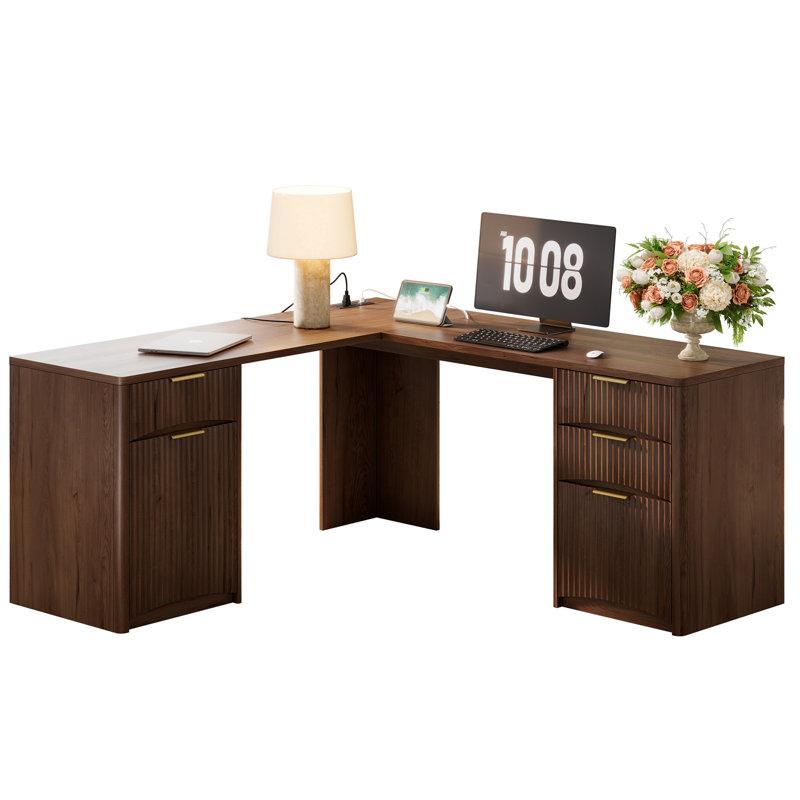 Inbox Zero 63'' Fluted L Shaped Desk with Drawers, Corner Computer